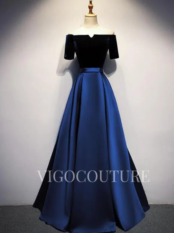 Prom Dress 2025 Satin Velvet Prom Gown Off the Shoulder Prom Dress 20287-unique elegant Prom Dresses-Navy Blue-US2-vigocouture