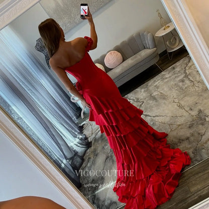 Prom Dresses 2025 to impress Scarlet Red Satin Corset Prom Dress with Floral Off-Shoulder Strap, Tiered Ruffles and Thigh-High Slit - P26083-vigocouture-vigocouture