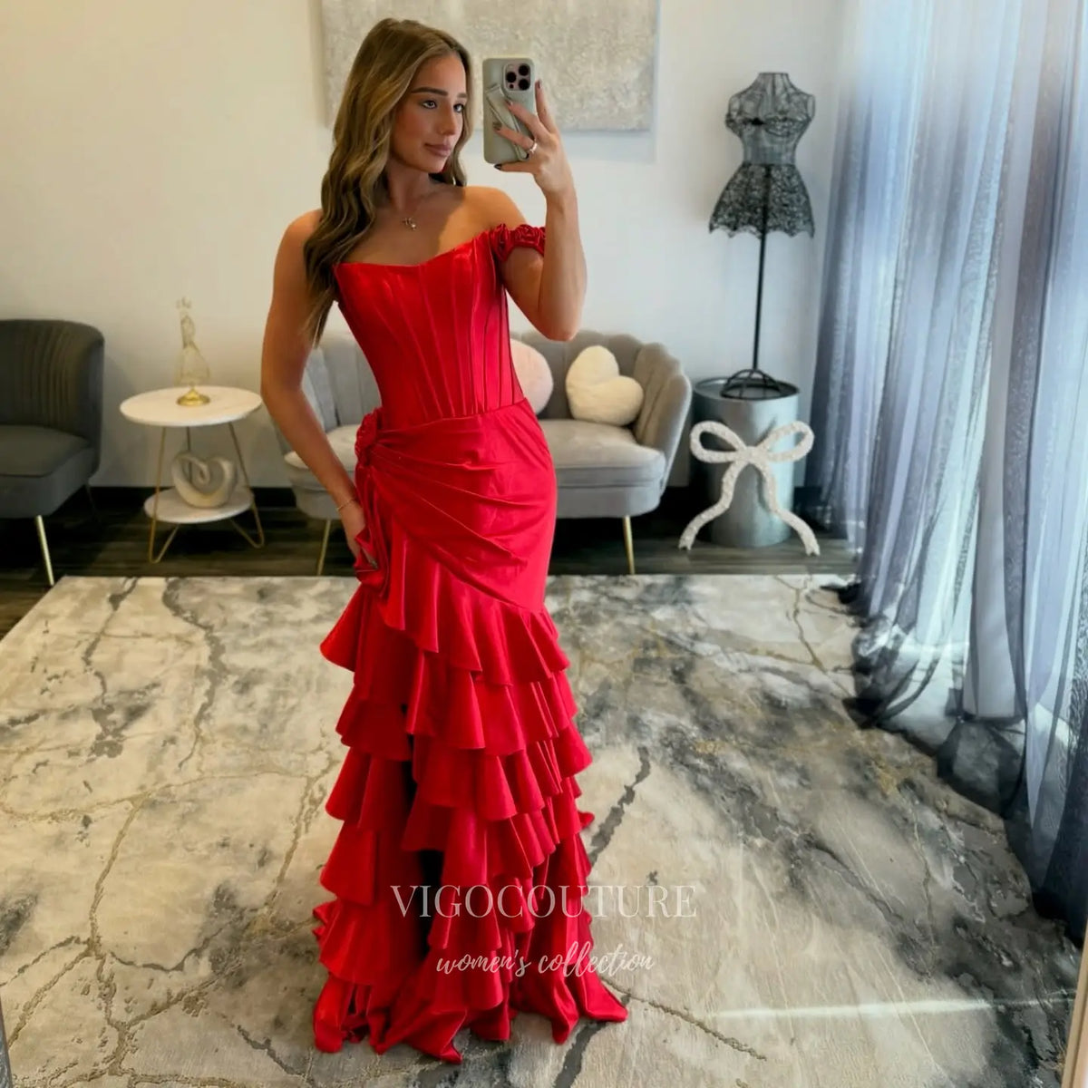 Prom Dresses 2025 to impress Scarlet Red Satin Corset Prom Dress with Floral Off-Shoulder Strap, Tiered Ruffles and Thigh-High Slit - P26083-vigocouture-vigocouture