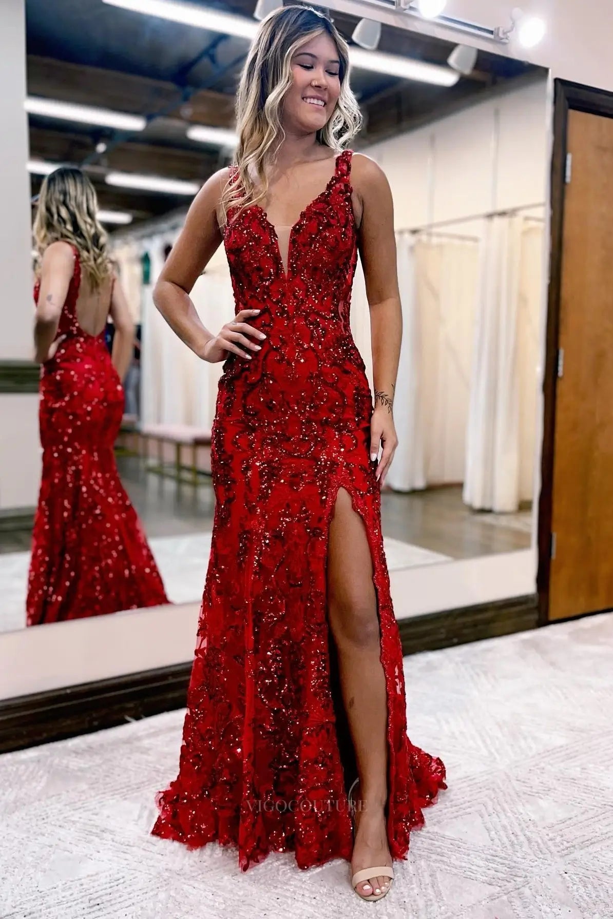 Prom Dresses 2025 to impress Sequin Lace Mermaid Prom Dress with Deep V Neck, Open Back & High Slit – 26116-vigocouture-Red-US 0-vigocouture