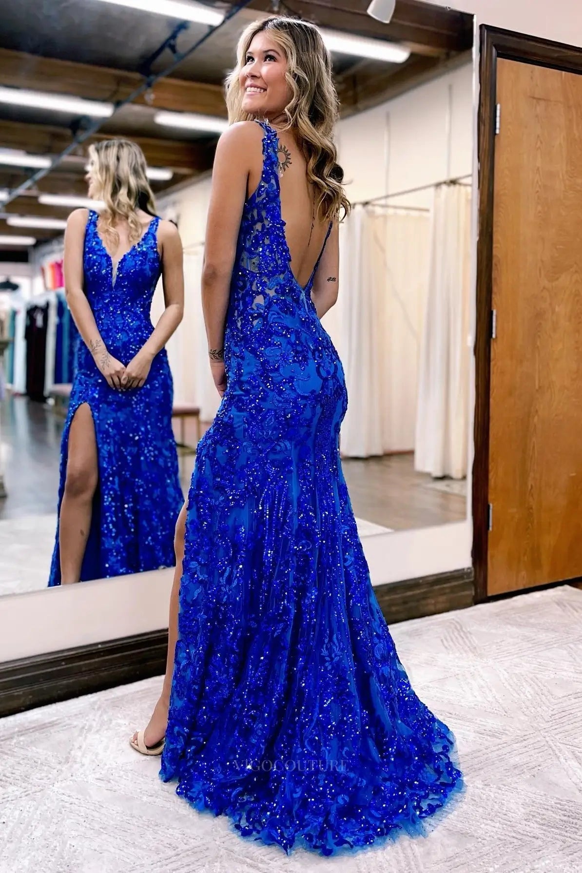 Prom Dresses 2025 to impress Sequin Lace Mermaid Prom Dress with Deep V Neck, Open Back & High Slit – 26116-vigocouture-vigocouture