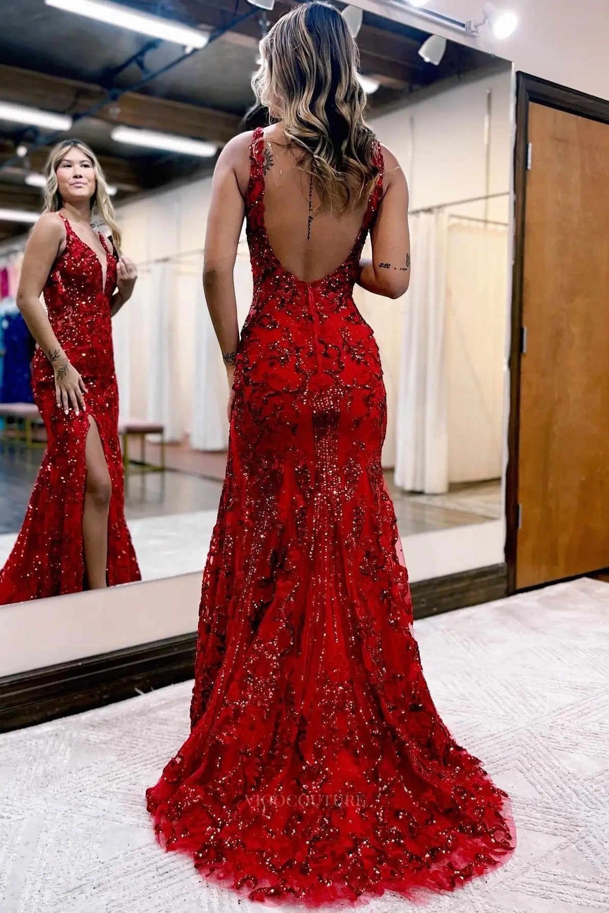Prom Dresses 2025 to impress Sequin Lace Mermaid Prom Dress with Deep V Neck, Open Back & High Slit – 26116-vigocouture-vigocouture