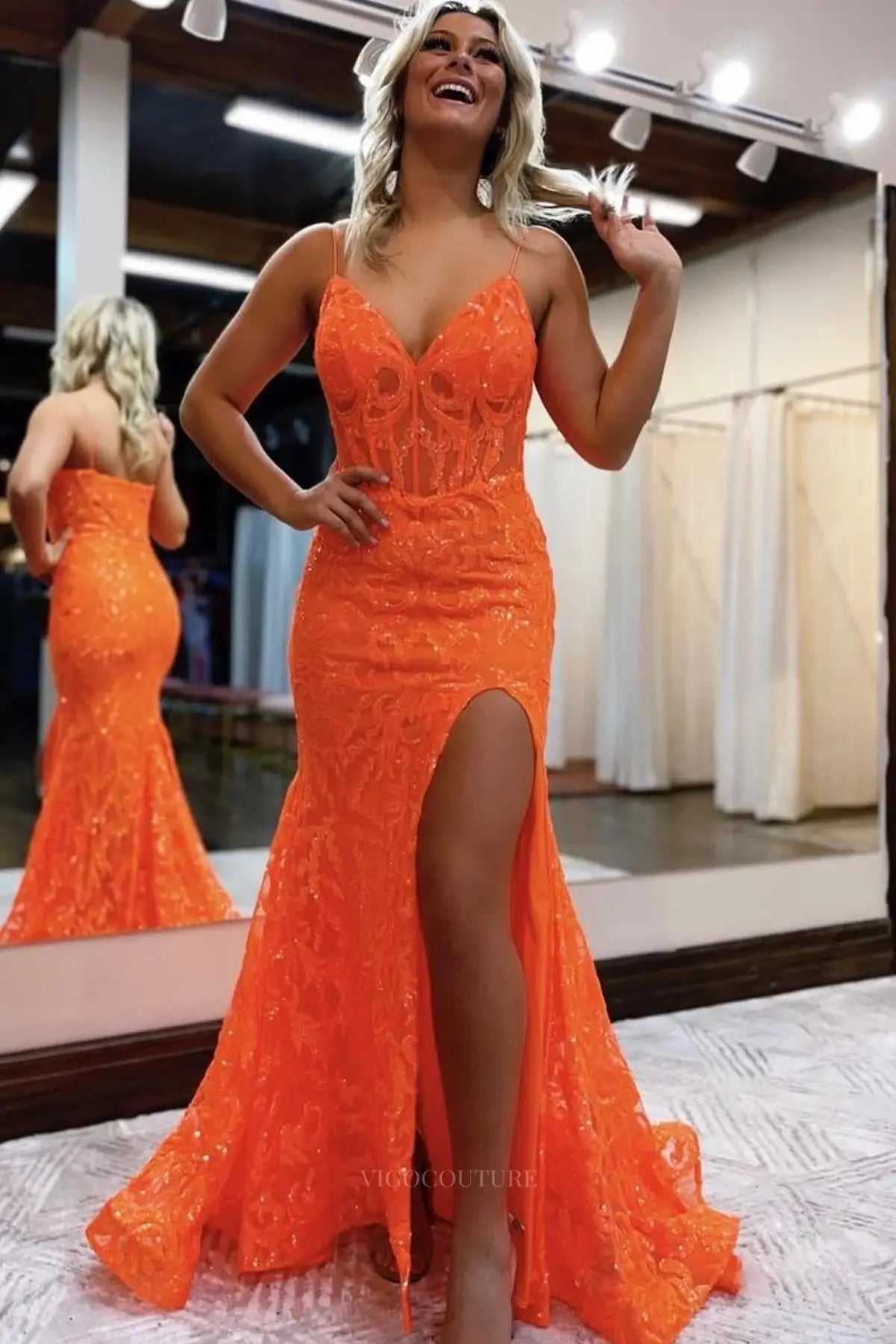 Prom Dresses 2025 to impress Sequin Lace Mermaid Prom Dress with Spaghetti Straps, Sweetheart Neck & High Slit – 26111-vigocouture-Orange-US 0-vigocouture