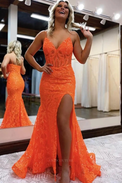 Prom Dresses 2025 to impress Sequin Lace Mermaid Prom Dress with Spaghetti Straps, Sweetheart Neck & High Slit – 26111-vigocouture-Orange-US 0-vigocouture