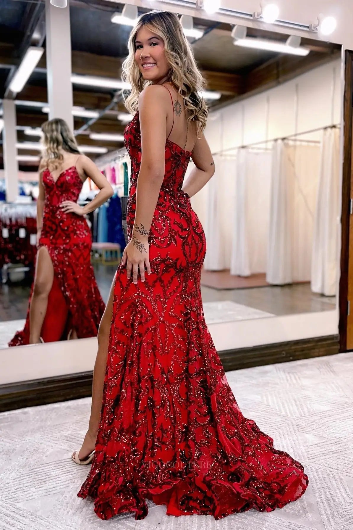 Prom Dresses 2025 to impress Sequin Lace Mermaid Prom Dress with Spaghetti Straps, Sweetheart Neck & High Slit – 26111-vigocouture-vigocouture