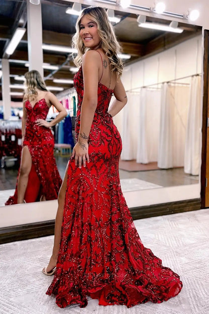 Prom Dresses 2025 to impress Sequin Lace Mermaid Prom Dress with Spaghetti Straps, Sweetheart Neck & High Slit – 26111-vigocouture-vigocouture