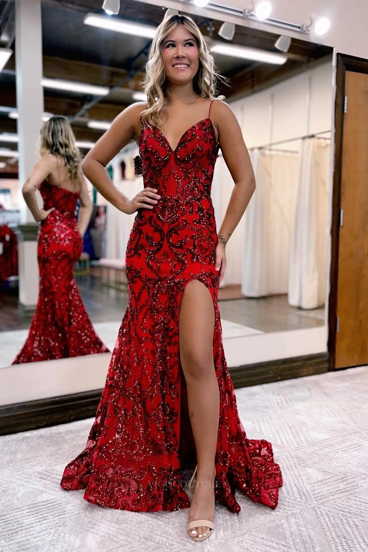 Prom Dresses 2025 to impress Sequin Lace Mermaid Prom Dress with Spaghetti Straps, Sweetheart Neck & High Slit – 26111-vigocouture-vigocouture