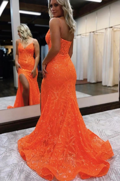 Prom Dresses 2025 to impress Sequin Lace Mermaid Prom Dress with Spaghetti Straps, Sweetheart Neck & High Slit – 26111-vigocouture-vigocouture