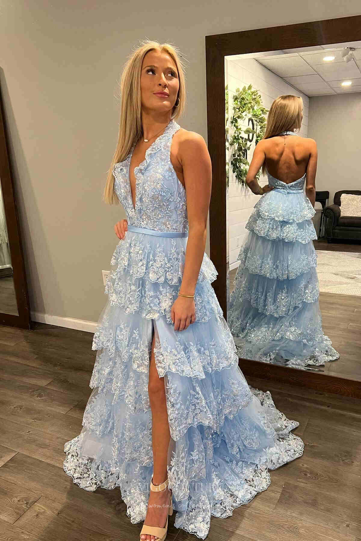 Sequin Lace Tiered Prom Dresses with Slit Halter Neck Plunging V-Neck vigocouture Sequin Lace Tiered Prom Dresses with Slit Halter Neck Plunging V-Neck vigocouture
