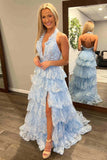 Prom Dress 2025 Sequin Lace Tiered Prom Dresses with Slit Halter Neck Plunging V-Neck 24305-unique elegant Prom Dresses-Light Blue-Custom Size-vigocouture