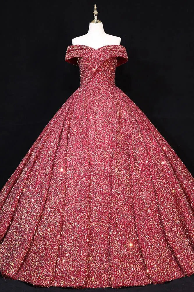 Prom Dress 2025 Sequin Quinceanera Dresses Off the Shoulder Sweet 16 Dresses 20681-unique elegant Prom Dresses-Red-Custom Size-vigocouture