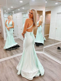 Prom Dress 2025 Sexy Mermaid Satin Prom Dresses Plunging V-Neck Pleated Bodice 24058-unique elegant Prom Dresses-Green-Custom Size-vigocouture