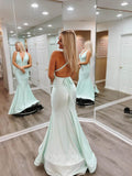 Prom Dress 2025 Sexy Mermaid Satin Prom Dresses Plunging V-Neck Pleated Bodice 24058-unique elegant Prom Dresses-Green-Custom Size-vigocouture