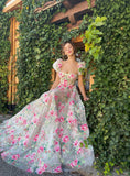 Prom Dress 2025 Sheer Champagne Floral Lace Prom Dresses with Slit Puffed Sleeve Rose Gown 24483-unique elegant Prom Dresses-Champagne-Custom Size-vigocouture