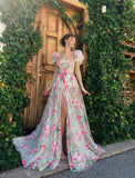 Prom Dress 2025 Sheer Champagne Floral Lace Prom Dresses with Slit Puffed Sleeve Rose Gown 24483-unique elegant Prom Dresses-Champagne-Custom Size-vigocouture