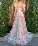 Prom Dress 2025 Sheer Champagne Floral Lace Prom Dresses with Slit Puffed Sleeve Rose Gown 24483-unique elegant Prom Dresses-Champagne-Custom Size-vigocouture