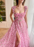 Prom Dress 2025 Sheer Pink Floral Lace Prom Dresses with Slit Cap Sleeve Flower Gown with Pockets 24484-unique elegant Prom Dresses-Pink-Custom Size-vigocouture