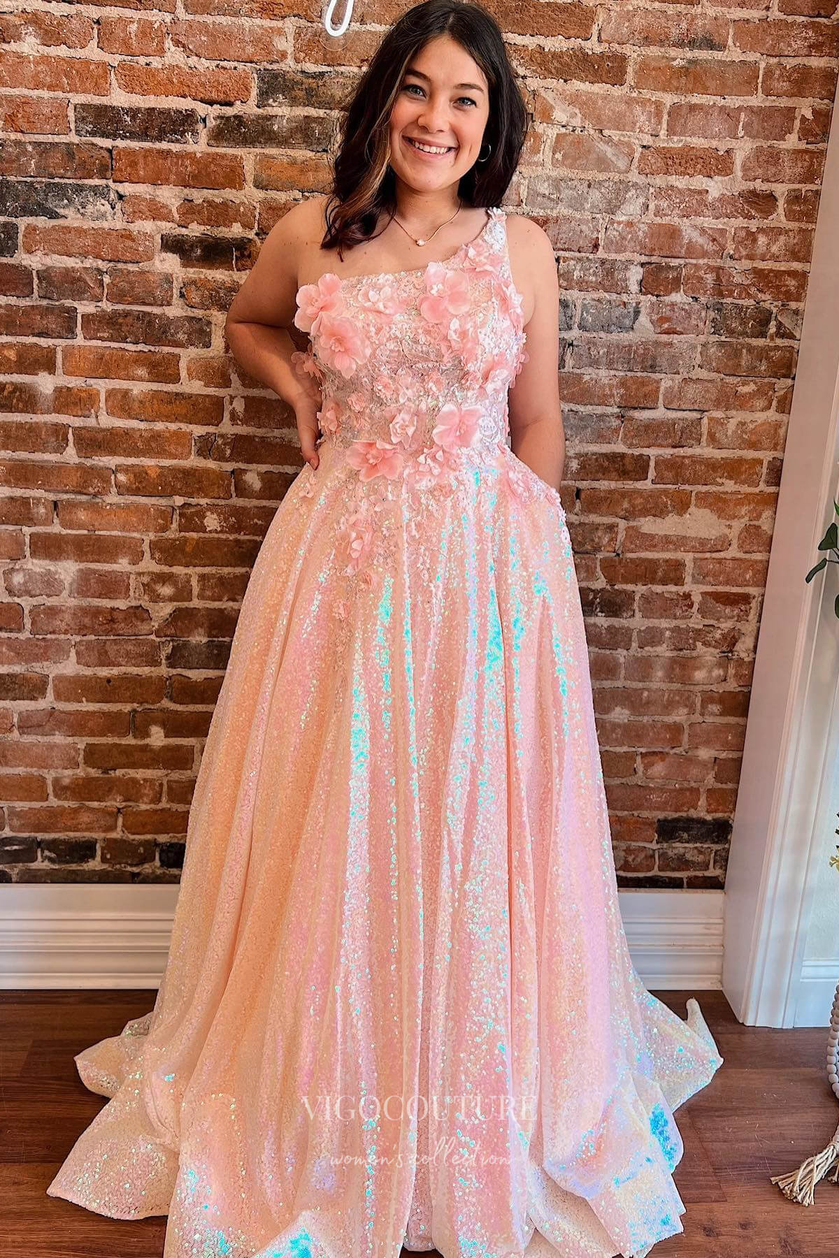 Prom Dress 2025 Shimmer and Shine in our Pink One Shoulder Sequin Prom Dress with 3D Flower Detail 22192-unique elegant Prom Dresses-Pink-Custom Size-vigocouture