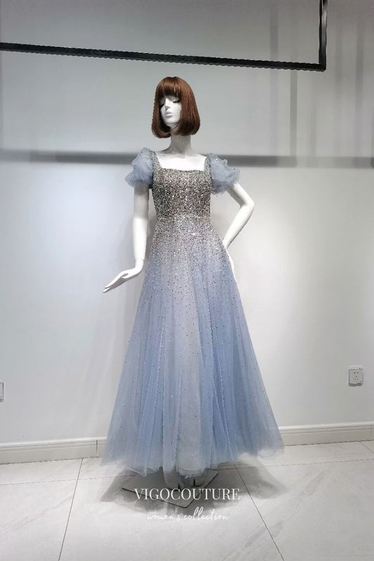 Prom Dress 2025 Shimmering Beaded Tea-Length Prom Dress with Puffed Sleeve and Square Neck 22255-unique elegant Prom Dresses-Light Blue-US2-vigocouture