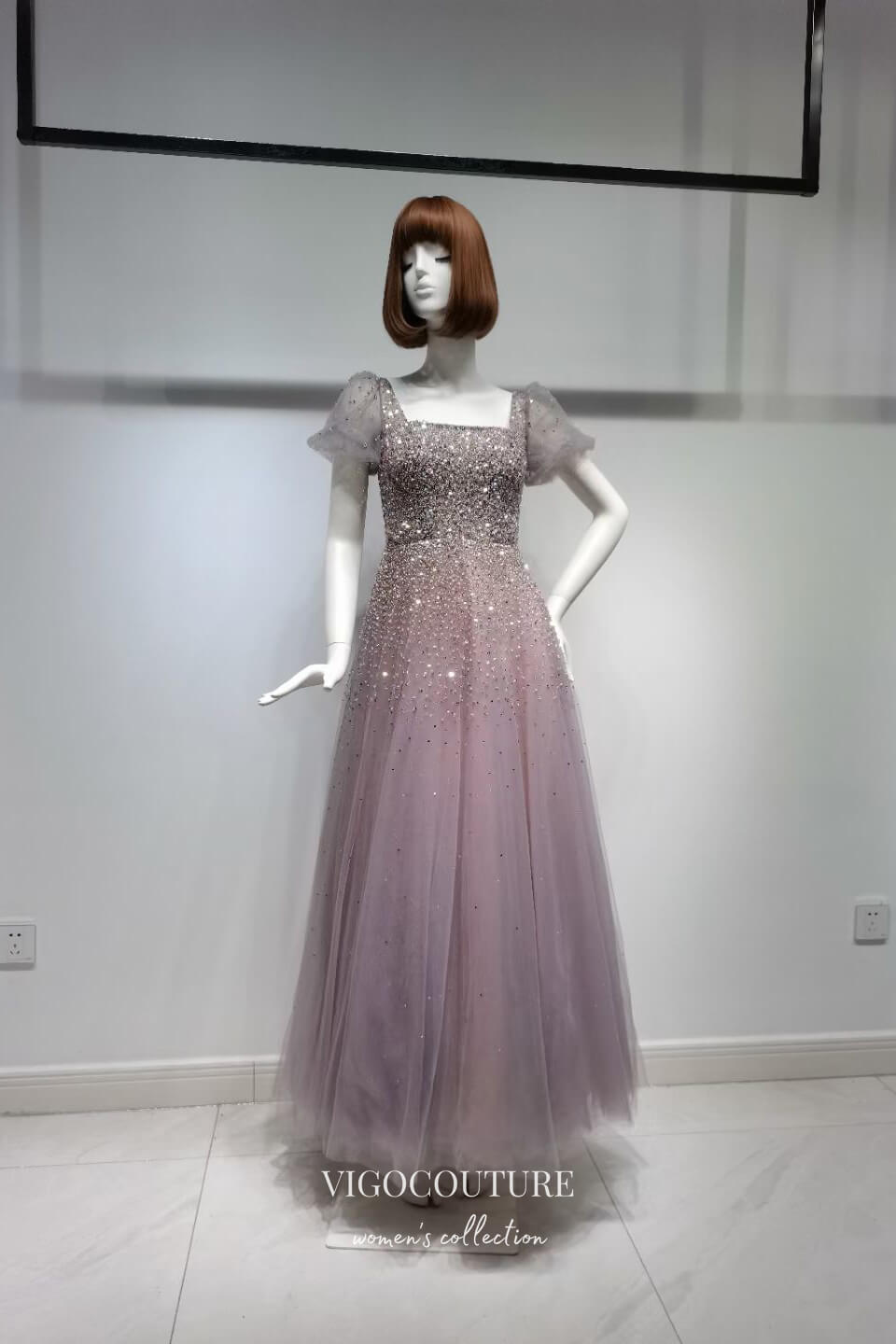 Prom Dress 2025 Shimmering Beaded Tea-Length Prom Dress with Puffed Sleeve and Square Neck 22255-unique elegant Prom Dresses-Mauve-US2-vigocouture