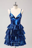 Shimmering Blue Tiered Homecoming Dresses Spaghetti Strap Back to School Dress hc375