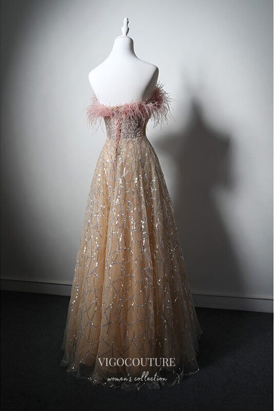 Prom Dress 2025 Shimmering Champagne Beaded Strapless Prom Dresses with Feathers 22380-unique elegant Prom Dresses-Champagne-Custom Size-vigocouture