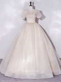 Shimmering Champagne Sparkly Tulle Prom Dress with Puffed Sleeve 22299