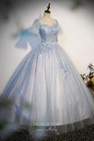 Prom Dress 2025 Shimmering Floral Prom Ball Gown with Puffed Sleeve 22311-unique elegant Prom Dresses-Dusty Blue-Custom Size-Ball Gown-vigocouture