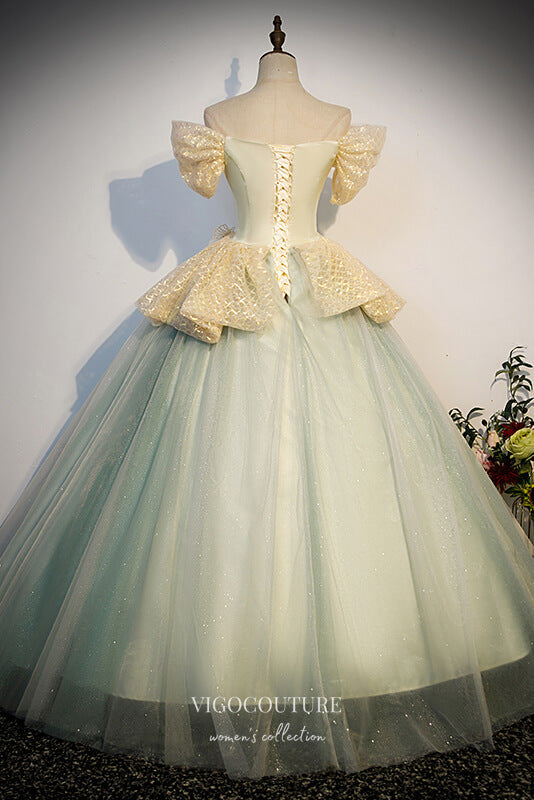 Shimmering Light Green Prom Dresses Off the Shoulder Quinceanera Dress vigocouture Shimmering Light Green Prom Dresses Off the Shoulder Quinceanera Dress vigocouture