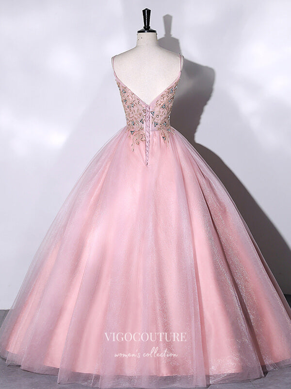 Prom Dress 2025 Shimmering Pink Beaded Prom Ball Gown with Spaghetti Strap 22308-unique elegant Prom Dresses-Pink-Custom Size-vigocouture