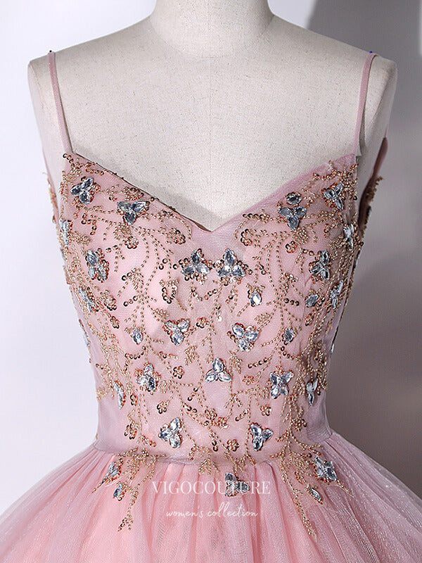 Prom Dress 2025 Shimmering Pink Beaded Prom Ball Gown with Spaghetti Strap 22308-unique elegant Prom Dresses-Pink-Custom Size-vigocouture