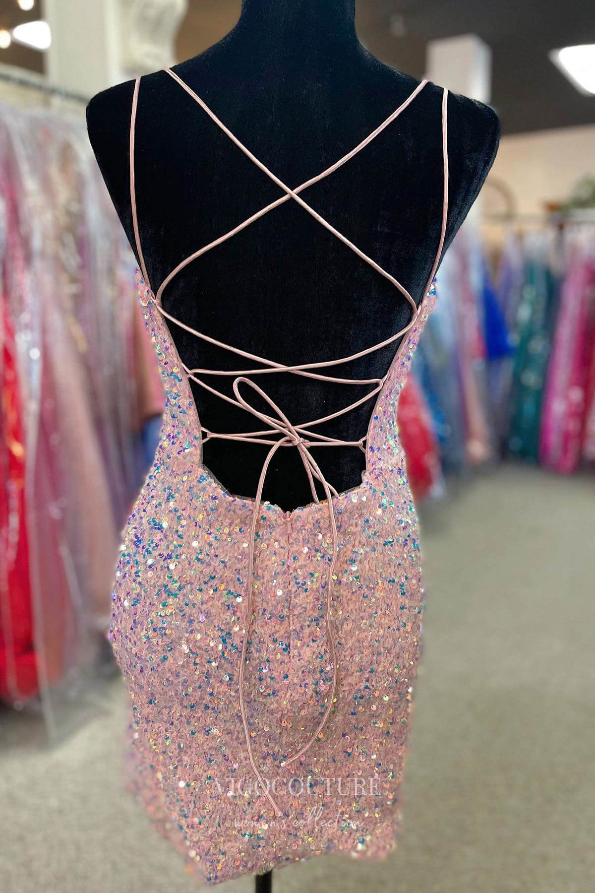 Short Prom Dresses 2025 Shimmering Pink Mermaid Sequin Homecoming Dress with Sweetheart Neck and Spaghetti Strap hc245-Prom Dresses-vigocouture-vigocouture