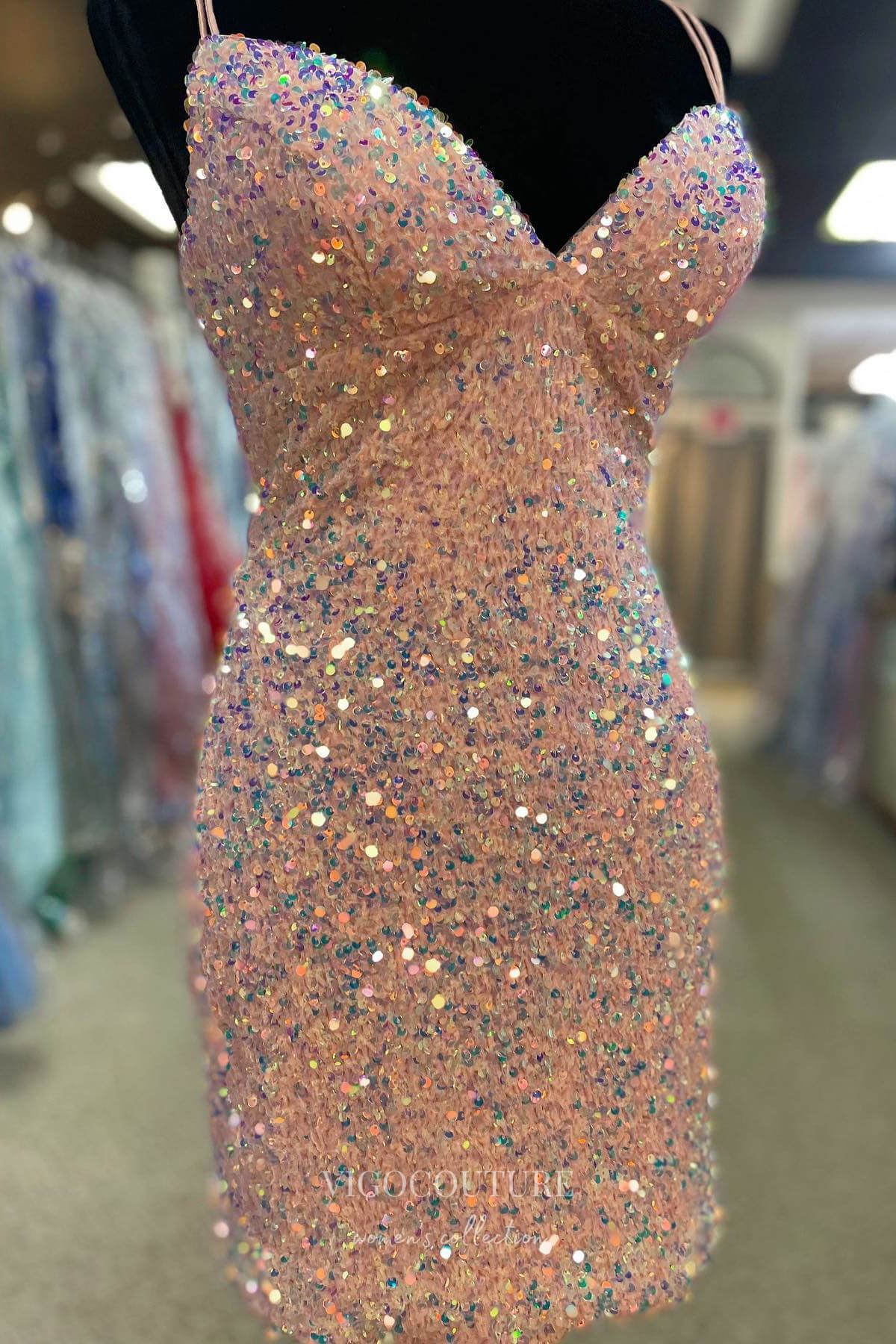 Short Prom Dresses 2025 Shimmering Pink Mermaid Sequin Homecoming Dress with Sweetheart Neck and Spaghetti Strap hc245-Prom Dresses-vigocouture-vigocouture