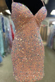 Short Prom Dresses 2025 Shimmering Pink Mermaid Sequin Homecoming Dress with Sweetheart Neck and Spaghetti Strap hc245-Prom Dresses-vigocouture-vigocouture