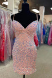 Short Prom Dresses 2025 Shimmering Pink Mermaid Sequin Homecoming Dress with Sweetheart Neck and Spaghetti Strap hc245-Prom Dresses-vigocouture-Pink-US0-vigocouture