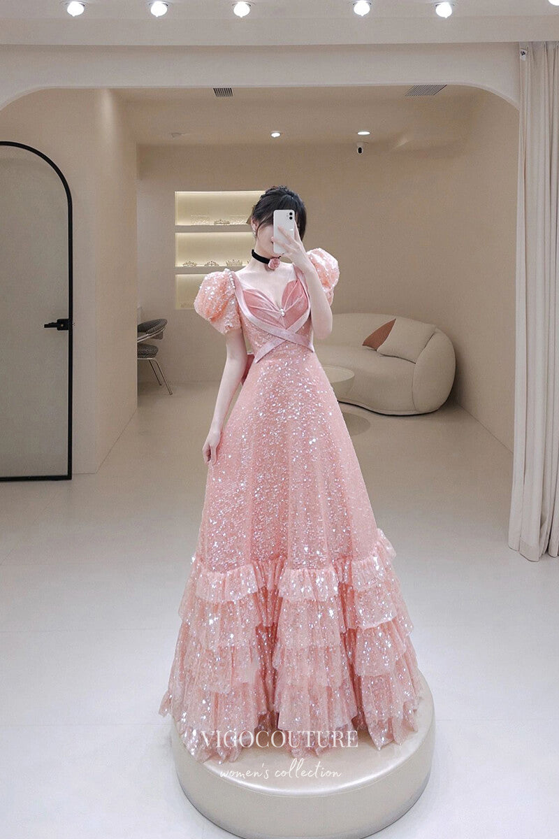 pink puffy prom dress Shimmering Pink Sequin Prom Dress with Ruffles and Puffed Sleeve 22362 Custom Colors / US14