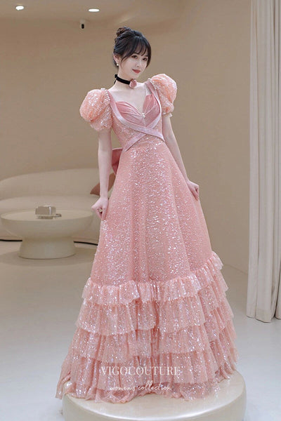 open lace back dress Shimmering Pink Sequin Prom Dress with Ruffles and Puffed Sleeve 22362 Custom Colors / US14