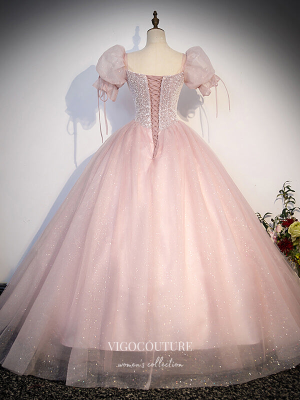 Prom Dress 2025 Shimmering Pink Sparkly Tulle Prom Dress with Puffed Sleeve 22300-unique elegant Prom Dresses-Pink-Custom Size-vigocouture