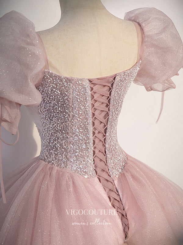 Prom Dress 2025 Shimmering Pink Sparkly Tulle Prom Dress with Puffed Sleeve 22300-unique elegant Prom Dresses-Pink-Custom Size-vigocouture