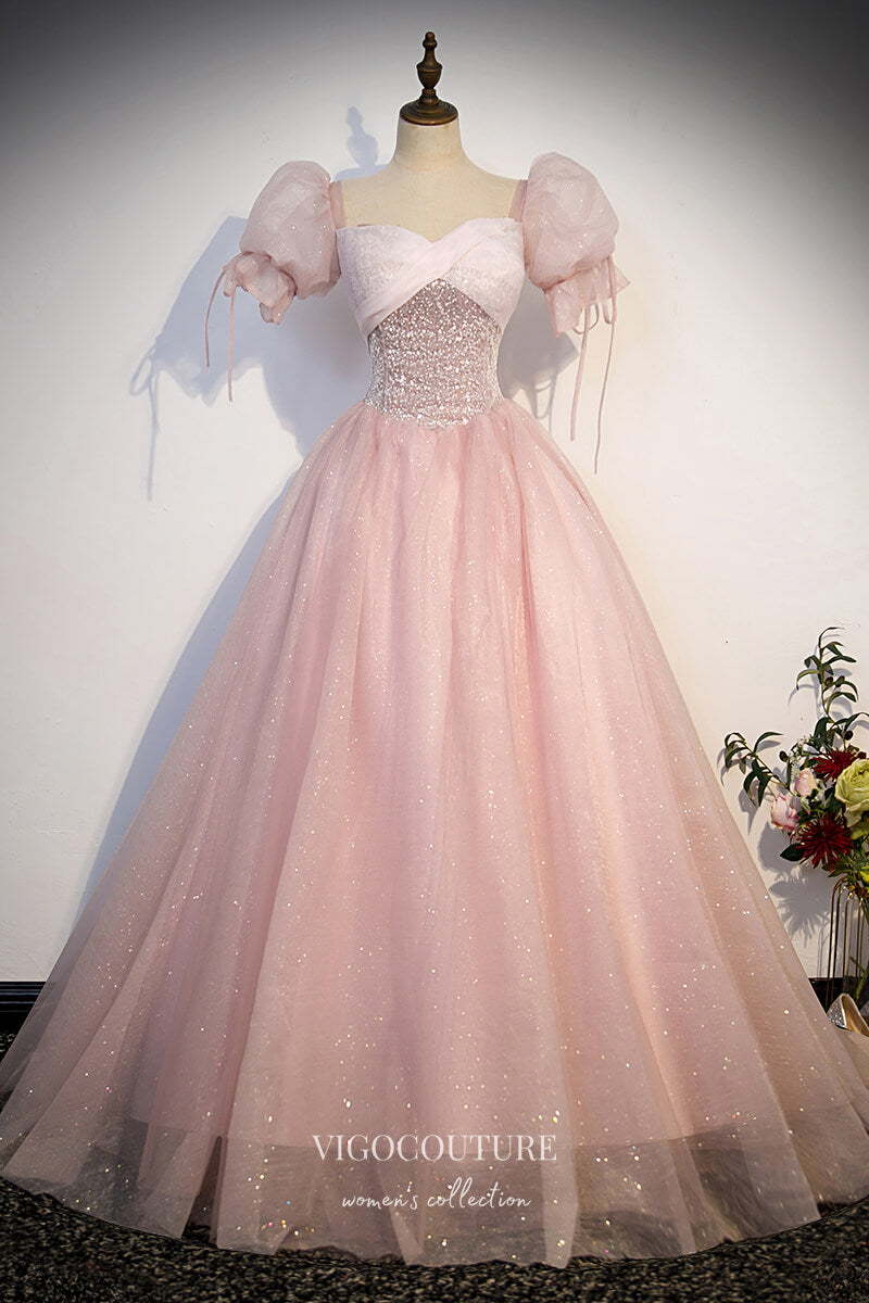 Prom Dress 2025 Shimmering Pink Sparkly Tulle Prom Dress with Puffed Sleeve 22300-unique elegant Prom Dresses-Pink-Custom Size-vigocouture