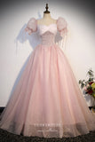 Prom Dress 2025 Shimmering Pink Sparkly Tulle Prom Dress with Puffed Sleeve 22300-unique elegant Prom Dresses-Pink-Custom Size-vigocouture