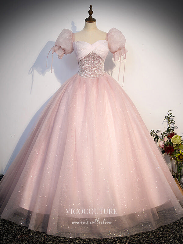 Prom Dress 2025 Shimmering Pink Sparkly Tulle Prom Dress with Puffed Sleeve 22300-unique elegant Prom Dresses-Pink-Custom Size-vigocouture