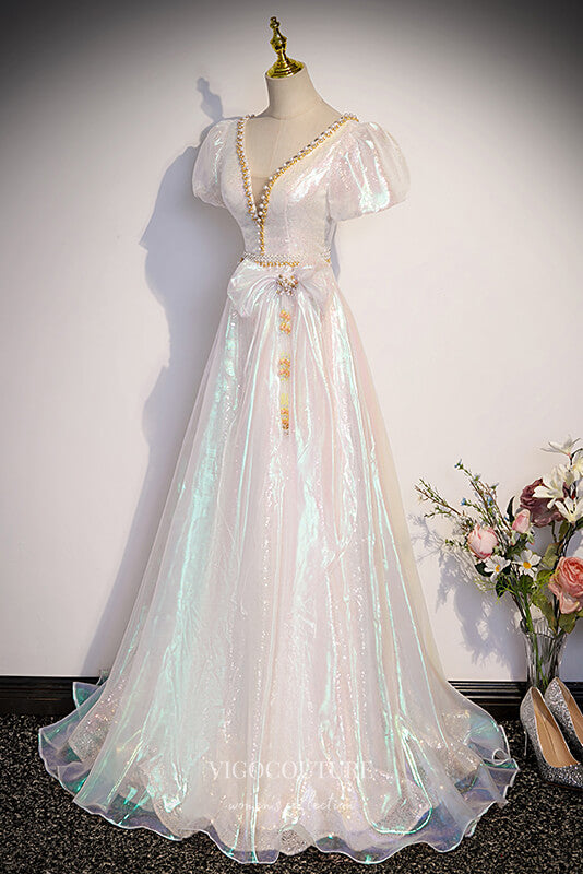 Shimmering Polyester Prom Dress with Puffed Sleeve and V-Neck 22259 - Ivory / US4 Shimmering Polyester Prom Dress with Puffed Sleeve and V-Neck 22259 - Ivory / US4