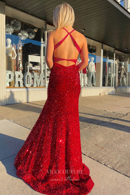 Stunning Mermaid Sequin Prom Dress with Plunging V-Neck and High Slit FD3489 Red / US16 Stunning Mermaid Sequin Prom Dress with Plunging V-Neck and High Slit FD3489 Red / US16