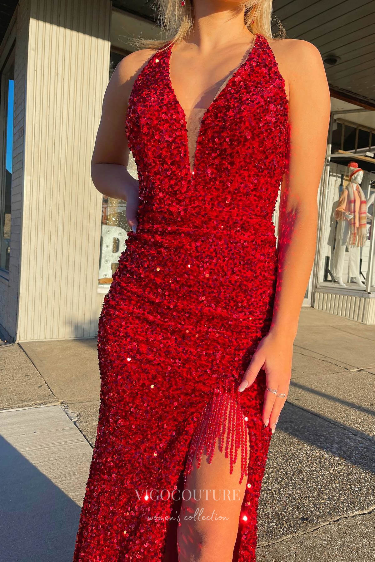 Prom Dress 2025 Shimmering Red Sequin Mermaid Prom Dress with Plunging V-Neck and High Slit 22208-unique elegant Prom Dresses-Red-Custom Size-vigocouture