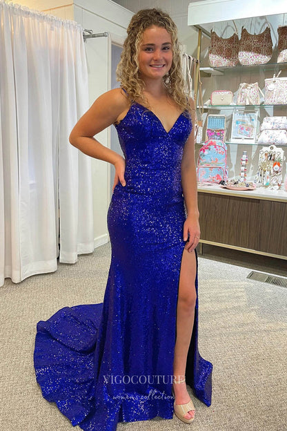 Shimmering Royal Blue Sequin Mermaid Prom Dress with Spaghetti Strap and High Slit 22207 Royal Blue / US16 Shimmering Royal Blue Sequin Mermaid Prom Dress with Spaghetti Strap and High Slit 22207 Royal Blue / US16