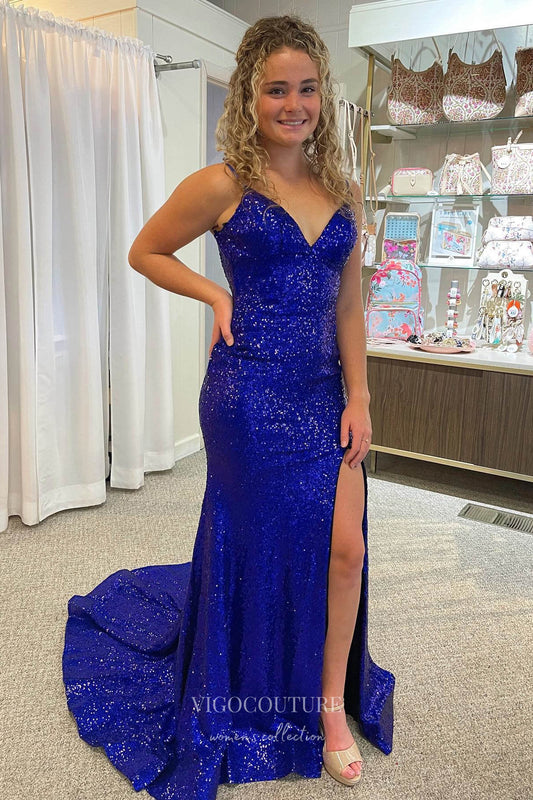 Prom Dress 2025 Shimmering Royal Blue Sequin Mermaid Prom Dress with Spaghetti Strap and High Slit 22207-unique elegant Prom Dresses-Royal Blue-Custom Size-vigocouture