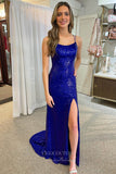 Prom Dress 2025 Shimmering Royal Blue Sequin Mermaid Prom Dress with Spaghetti Strap and High Slit 22211-unique elegant Prom Dresses-Royal Blue-Custom Size-vigocouture