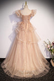 Prom Dress 2025 Shimmering Ruffled Beaded Prom Dress with Puffed Sleeve 22260-unique elegant Prom Dresses-Blush-Custom Size-vigocouture