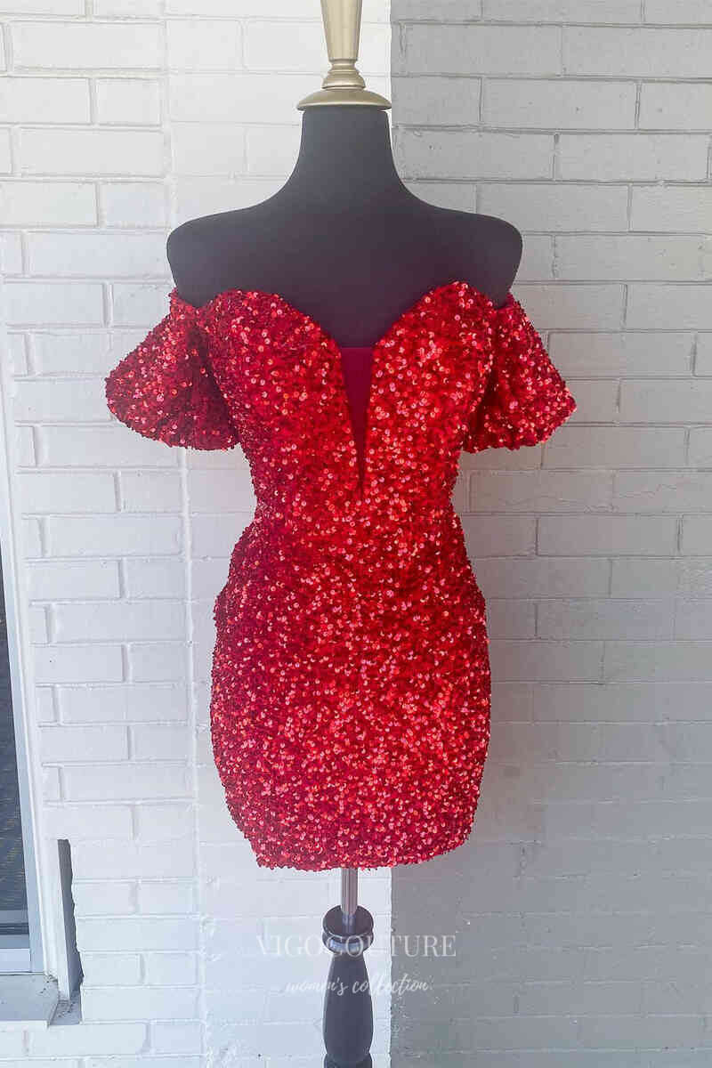 Short Prom Dresses 2025 Shimmering Sequin Hoco Dress Off the Shoulder Bodycon Dress hc268-Prom Dresses-vigocouture-Red-US0-vigocouture